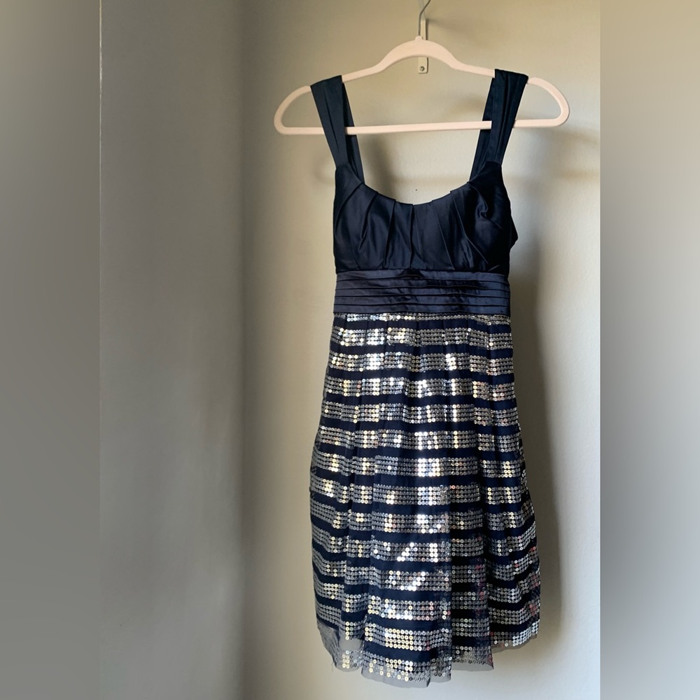 Navy blue formal dress, knee length
